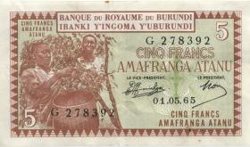 Burundi P.08 5 Francs 1.5.1965 (3+) 