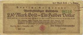RVM-28b Reichsbahn Berlin 2,10 Mark Gold = 1/2 Dollar RC 7.11.1923 (3) 