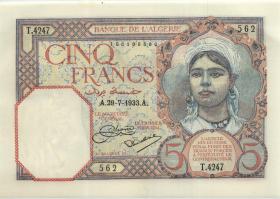 Algerien / Algeria P.077a 5 Francs 29.7.1933 (1) 