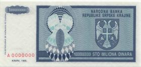 Kroatien Serb. Krajina / Croatia P.R15s 100 Millionen Dinara 1993 (1) A 0000000 