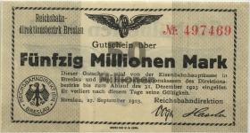 PS1136A Reichsbahn Breslau 50 Millionen Mark 1923 (1) 