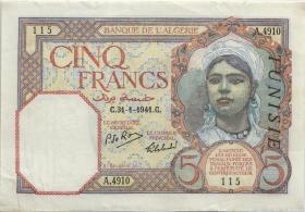 Tunesien / Tunisia P.008b 5 Francs 1941 (3+) 