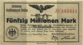 PS1136A Reichsbahn Breslau 50 Millionen Mark 1923 (1-) 