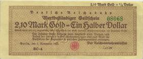 RVM-28b Reichsbahn Berlin 2,1 Mark Gold = 1/2 Dollar RC 7.11.1923 (3+) 