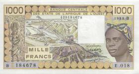West-Afr.Staaten/West African States P.207Ba 1000 Francs 1988 (1) 