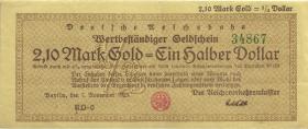 RVM-28b Reichsbahn Berlin 2,1 Mark Gold = 1/2 Dollar RD 7.11.1923 (3+) 