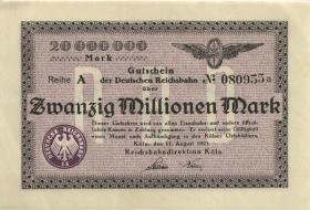 PS1285 Reichsbahn Köln 20 Millionen Mark 11.8.1923 1923 (2+) Reihe A 