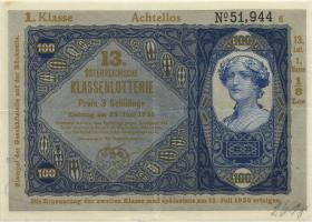 Österreich Donaustaat / Austria P.S154 100 Kronen (1923-37) (3+) 13 Klassenlotterie 1. Klasse 3 Schillinge 