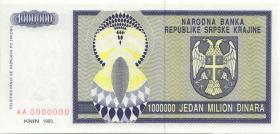 Kroatien Serb. Krajina / Croatia P.R10s 1 Million Dinara 1993 (1) AA 0000000 