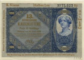 Österreich Donaustaat / Austria P.S154 100 Kronen (1923-37) (3+) 13 Klassenlotterie 1. Klasse 12 Schillinge 