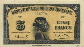 Franz. Westafrika / French West Africa P.28b 5 Francs 1942 (2+) 