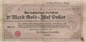 RVM-32 Reichsbahn Berlin 21 Mark Gold  = 5 Dollar 7.11.1923 (4-) 