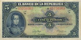 Kolumbien / Colombia P.386c 5 Pesos Oro 7.8.1947 (3) 