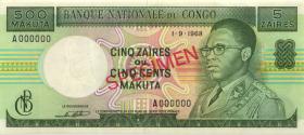 Kongo / Congo P.013bs 5 Zaires = 500 Makuta 1968 Specimen (1) 