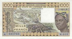 West-Afr.Staaten/West African States P.107Ag 1.000 Francs 1986 (1) 