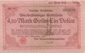 RVM-30b Reichsbahn Berlin 4,20 Mark Gold = 1 Dollar 7.11.1923 (1-) "003872" 