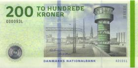 Dänemark / Denmark P.67a 200 Kronen 2010 (1) 000093 U.2 low number 