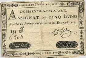 Frankreich / France P.A060 Assignat 5 Livres 27.6.1792 (3-) 