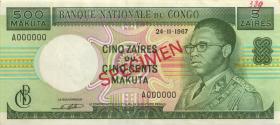 Kongo / Congo P.013as 5 Zaires = 500 Makuta 1967 Specimen (1-) 