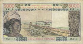 West-Afr.Staaten/West African States P.108Ar 5.000 Francs 1991 (3) 