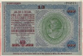 Österreich Donaustaat / Austria P.S155 1000 Kronen (1923-37) (3+) Lotterie Aufdruck 10.000 Kronen 