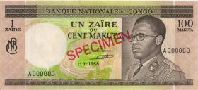 Kongo / Congo P.012s1 1 Zaire = 100 Makuta 1968 Specimen (1) 