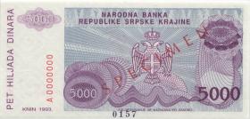 Kroatien Serb. Krajina / Croatia P.R20s 5000 Dinara 1993 Specimen (1) 