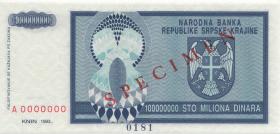 Kroatien Serb. Krajina / Croatia P.R15s 100 Millionen Dinara 1993 (1) Specimen 