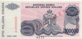 Kroatien Serb. Krajina / Croatia P.R22s 100.000 Dinara 1993 (1) Specimen 