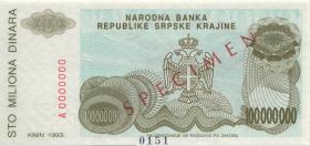 Kroatien Serb. Krajina / Croatia P.R25s 100 Millionen Dinara 1993 (1) Specimen 