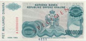 Kroatien Serb. Krajina / Croatia P.R27s 5 Milliarden 1993 (1) Specimen 
