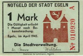Notgeld Egeln (Provinz Sachsen) 1 - 20 Mark 1945 A (1) 