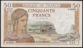 Frankreich / France P.085b 50 Francs 1939 (1-) 