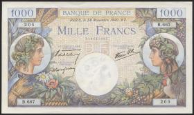 Frankreich / France P.096a 1.000 Francs 28.11.1940 (1) "2 Nadellöcher" 