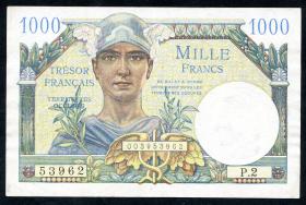 Frankreich / France P.M10 1000 Francs (1947) Militärausgabe (3+) 
