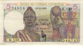 Franz. Westafrika / French West Africa P.36 5 Francs 1952 (3+) 