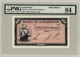 Guadeloupe, Frz. Verw. P.25s 500 Francs (1942) Specimen (1) 