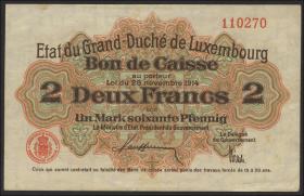 Luxemburg / Luxembourg P.22 2 Francs = 1 Mark 60 Pfennig 1914 (1) 