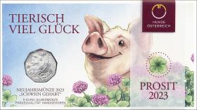 Österreich 5 Euro 2023 "Schwein gehabt" (Neujahrsmünze) im Folder 