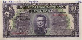 Uruguay P.037bs 10 Pesos L. 1939 Specimen (2+) Cancelled 