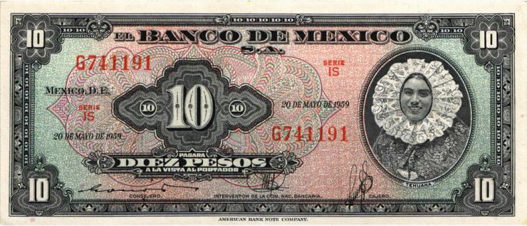 Mexiko / Mexico P.058g 10 Pesos 1959 (1-) 