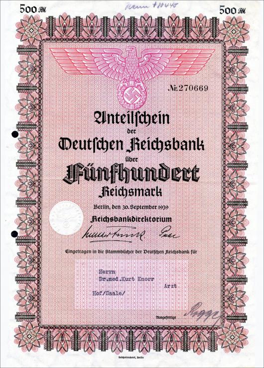 500 Reichsmark Anteilschein Deutsche Reichsbank (1-) 