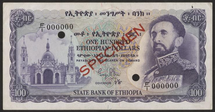 Äthiopien / Ethiopia P.23s 100 Dollars (1961) Specimen (1-) 