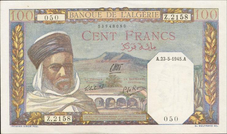 Algerien / Algeria P.088 100 Francs 1945 (1) 