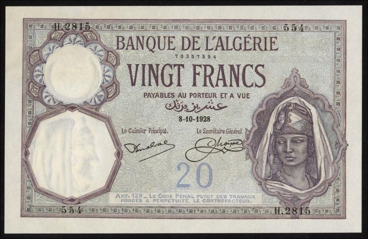 Algerien / Algeria P.078b 20 Francs 1928 (1) 
