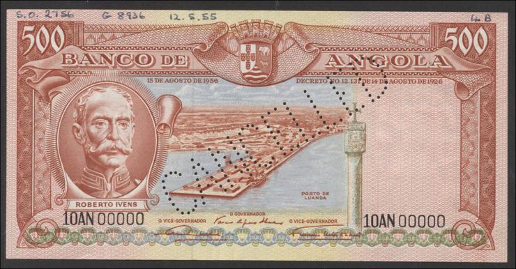 Angola P.090s3 500 Escudos 1956 (2) Specimen 