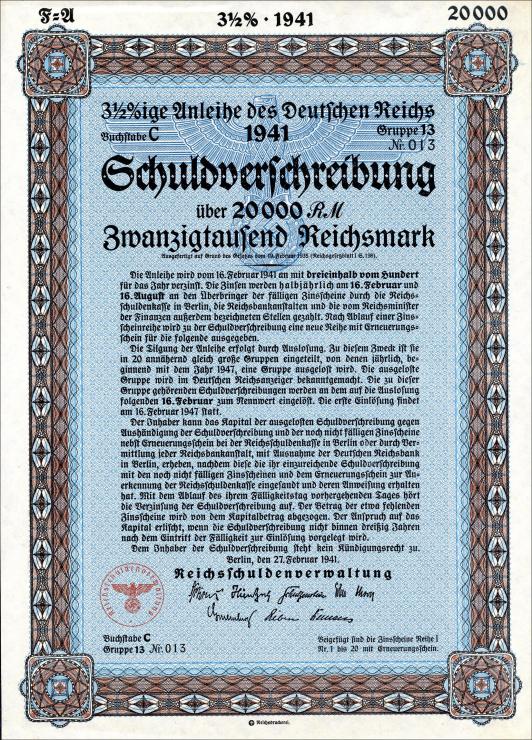20.000 Mark Schatzanweisung des Deutschen Reichs 1941 (1-) 