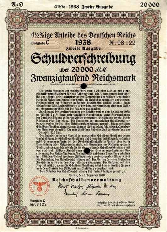 Anleihe des Deutschen Reiches 20.000 Mark 1938 (1-) 
