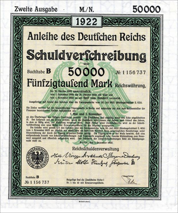 Anleihe des Deutschen Reiches 50.000 Mark 1922 (1-) 