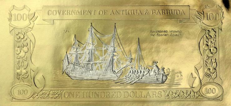 Antigua & Barbuda P.CS5n 100 Dollars Gold/Silber-Banknote "Bartolomeo the Portuguese and his Barque" 